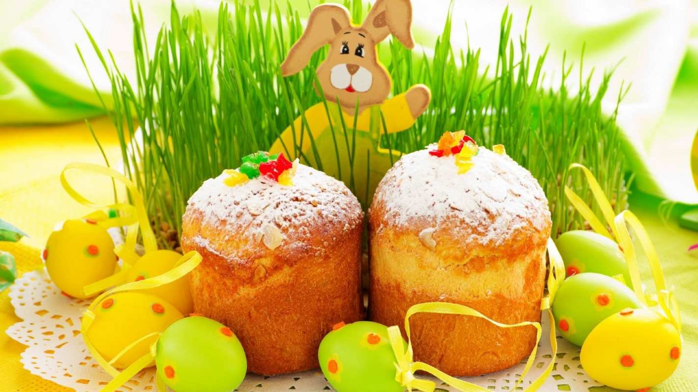 Открытка кролик испек куличи  пасха  Happy Easter 